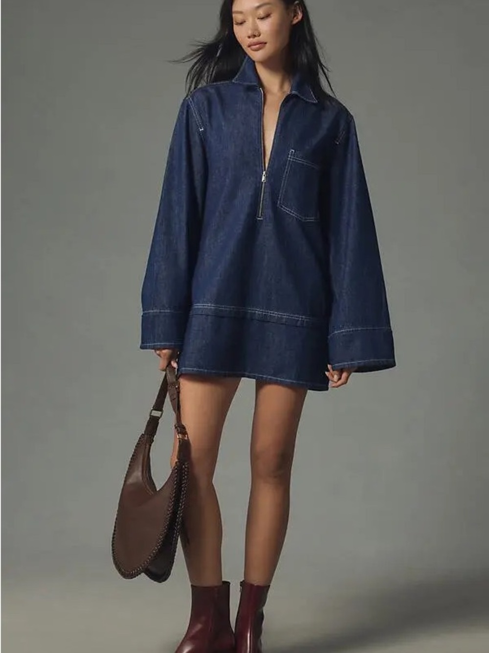 Pilcro Shift Dress Dark Blue Denim Zip